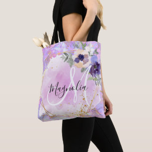 Bolsa Tote Roxo Floral, Rosa e Dourado, Marble Monograma