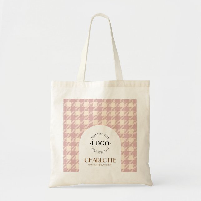 Bolsa Tote roxo lilás Gingham preppy Logo Empresarial (Frente)