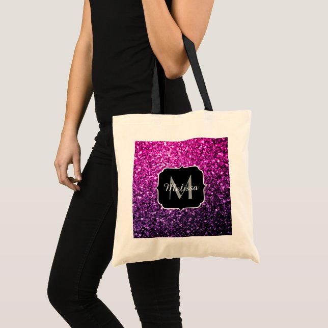 Bolsa Tote Roxo Pink Ombre faux glitks Monograma (Frente (produto))
