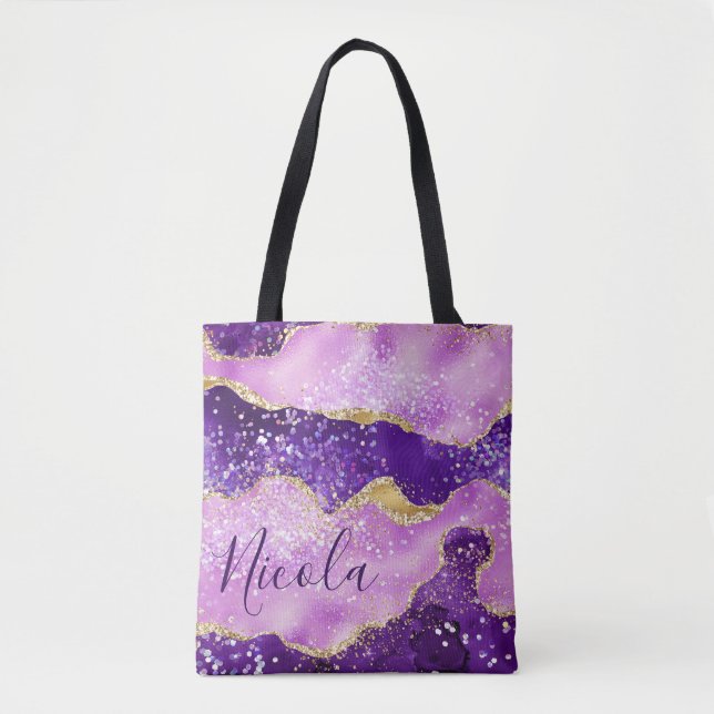 Bolsa Tote Roxo & Rosa e Ágata Brilho Dourado Falso (Frente)