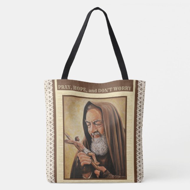 Bolsa Tote Ruas. Padre Pio Rezando Mãos À Citação Religiosa (Verso)