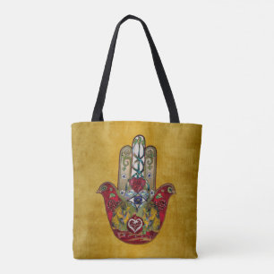 Bolsa Tote Rubis Romã Coração Vermelho Pássaro Hamsa