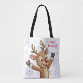 Bolsa Tote Rudolph com Flocos de Neve Azuis Reversível