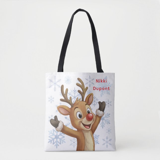 Bolsa Tote Rudolph com Flocos de Neve Azuis Reversível (Frente)