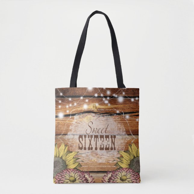 Bolsa Tote Russo Barn Wood String Luzes Sunflower (Frente)