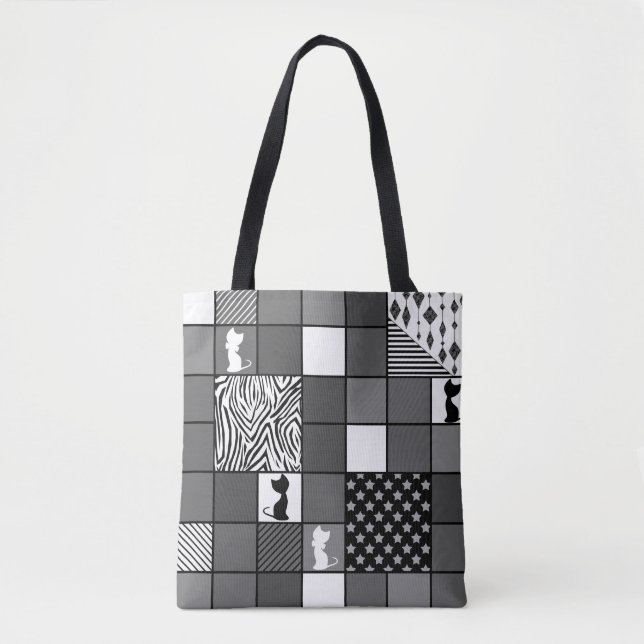 Bolsa Tote Russo, Popular, Preto e Branco, Patchwork, Simpl (Frente)