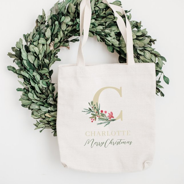 Bolsa Tote Rustic Berry Branch Inicial e Nome Natal (Criador carregado)