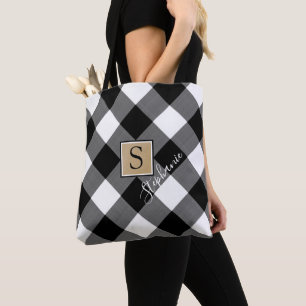 Bolsa Tote Rustic Black White Buffalo Xadrez Monograma Nome
