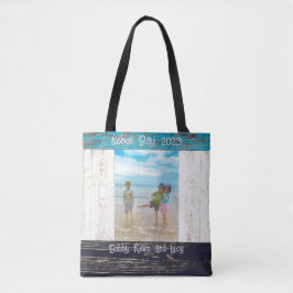 Bolsa Tote Rustic Blue White Beach Wood Photo Frame Name