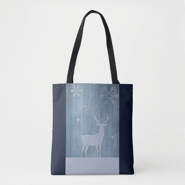 Bolsa Tote Rustic Blue Wood Reindet — Natal (Frente)