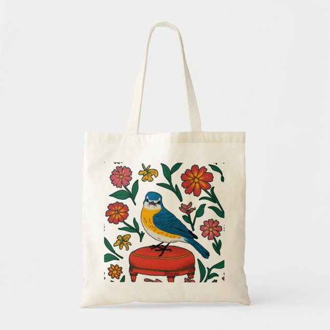Bolsa Tote Rustic Bluebird on Pouf in Folk Art (Frente)