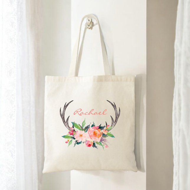 Bolsa Tote Rustic Boho Floral Antlers com Nome (Personalize with any name.)