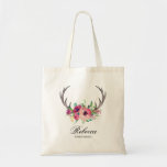 Bolsa Tote Rustic Boho Floral Antlers Wedding Bridesmaid<br><div class="desc">Uma bolsa de tote personalizada adorável para as damas de honra no seu casamento. Apresenta galhadas rústicas embelezadas com um buquê floral colorido de flores cor-de-rosa e magenta. Adicione o nome da madrinha no lugar do nome de exemplo mostrado no modelo de design. Você também pode editar o texto "bridesmaid"...</div>