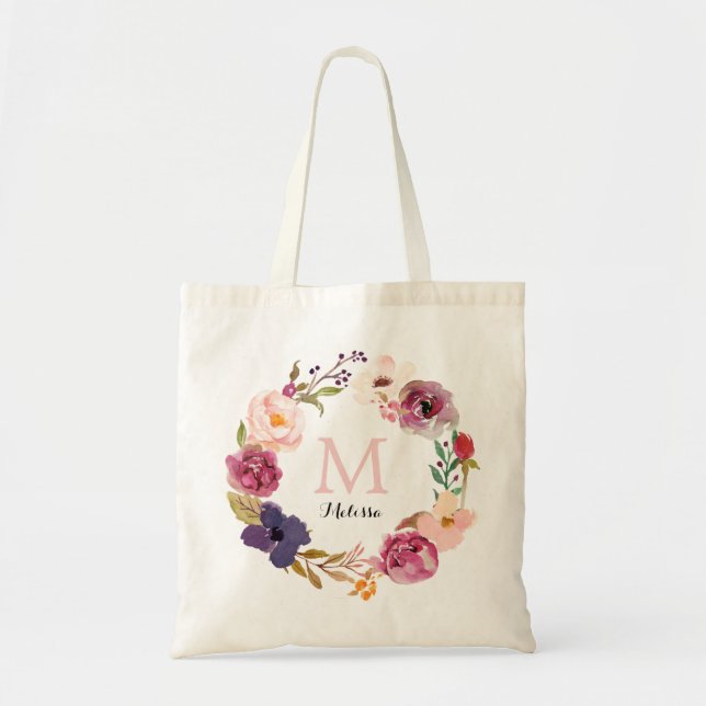 Bolsa Tote Rustic Boho Watercolor Floral Wreath Monograma (Frente)