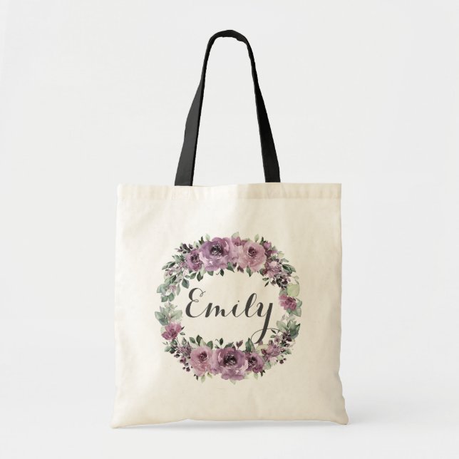Bolsa Tote Rustic Mauve Plum Purple Floral Verde Favor (Frente)
