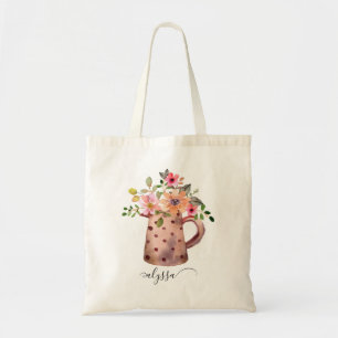 Bolsa Tote Rustic Pitcher Peach & Mauve Watercolor Floral