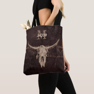 Bolsa Tote Rustic Western Brown Beige Old Bull Skull Monogram