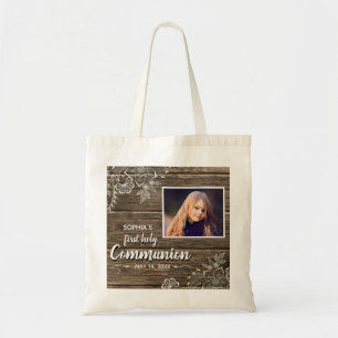 Bolsa Tote Rustic Wood Lace Primeira Foto Sagrada de Comunhã