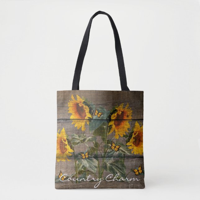 Bolsa Tote Rústicos Girassóis Borboletas Conselho (Frente)