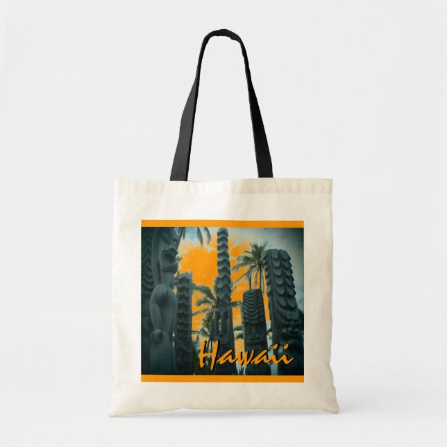 Bolsa Tote Sábias havaii tiki, saco reutilizável laranja (Frente)