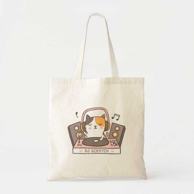 Bolsa Tote Saca Cute DJ Scratch Kitty Cat Pun Humor (Frente)