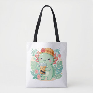 Bolsa Tote Saca de Axolote Fofo Bebendo Chá de Leite Boba