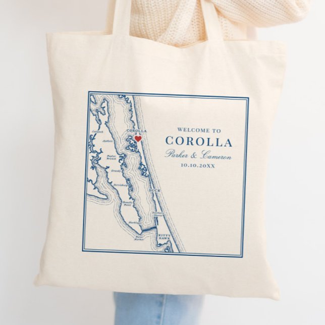 Bolsa Tote Saca de Casamento Elegante Mapa de Corolla NC Azul (Corolla NC Map Wedding Favor Tote Bag Welcome Bag for elegant Navy Blue Outer Banks Wedding )