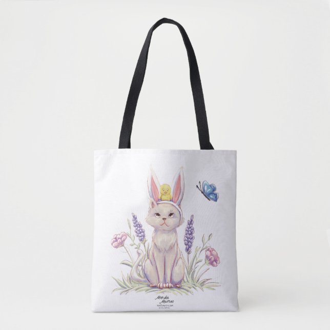 Bolsa Tote Saca de compras com ilustração de gato de Páscoa f (Frente)