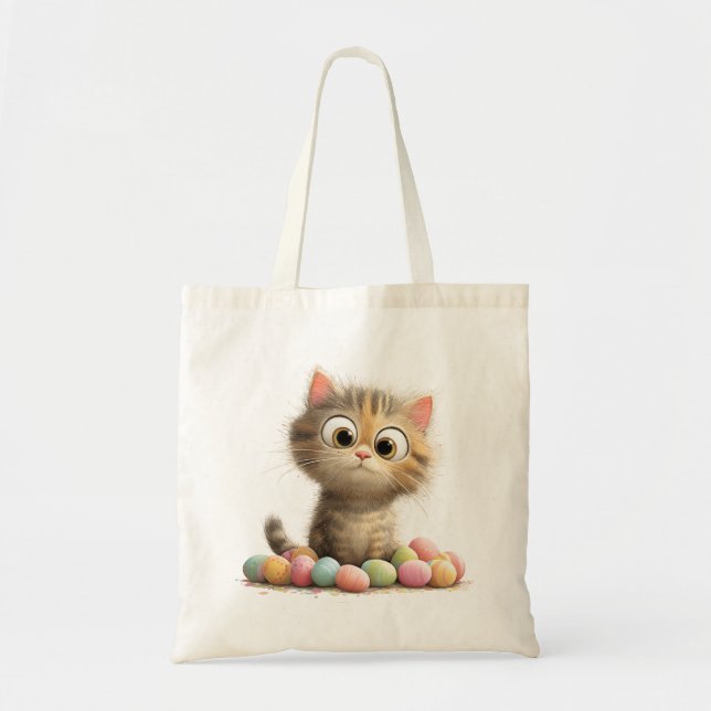 Bolsa Tote Saca de Compras de Gato de Páscoa com Ovos Pastel (Frente)