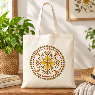 Bolsa Tote Saca de Flor de Mandala Amarela Prensada da Arte O