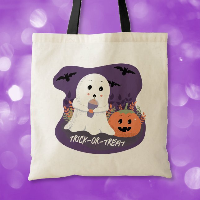 Bolsa Tote Saca de Halloween Adorável Fantasma Saque ou Trate (Cute Halloween ghost trick-or-treat tote bag .)
