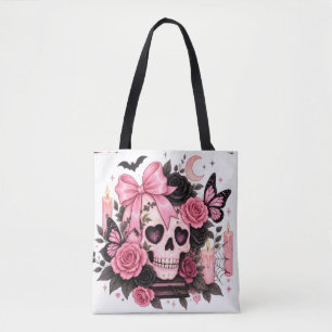 Bolsa Tote Saca de Halloween Coquette Caveira Gótica com Laço