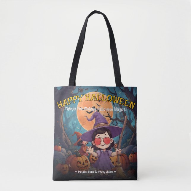 Bolsa Tote Saca de Halloween para Doces da Patches de Abóbora (Frente)
