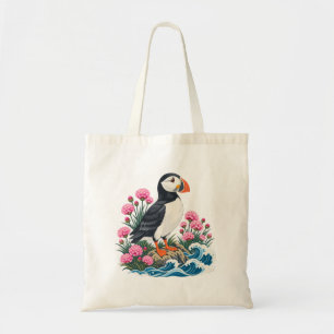 Bolsa Tote Saca de Lona Puffin Costeiro e Rosa do Mar