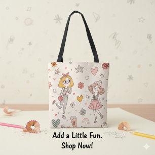 Bolsa Tote Saca de Mão com Estampa de Meninas Fofas