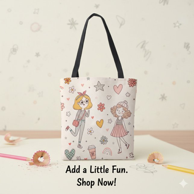 Bolsa Tote Saca de Mão com Estampa de Meninas Fofas (Cute Doodle Girls Full-Print Tote Bag)