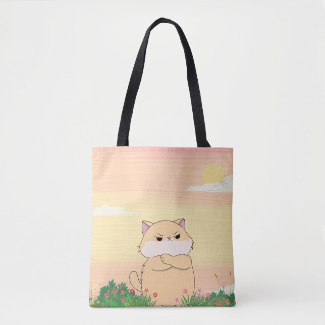 Bolsa Tote Saca de mão de gato fofo e rabugento (Frente)