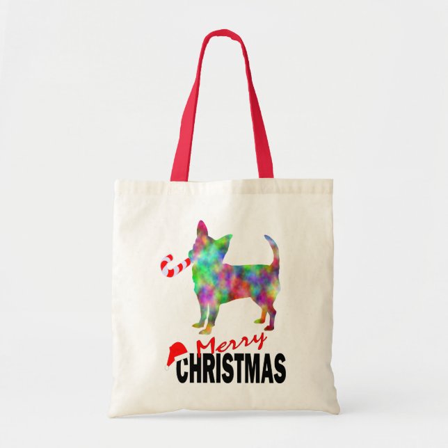 Bolsa Tote Saca de Natal Alegre Chihuahua e Cana-de-Açúcar (Frente)