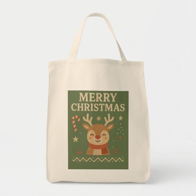 Bolsa Tote Saca de Natal Alegre Rena Fofa (Frente)