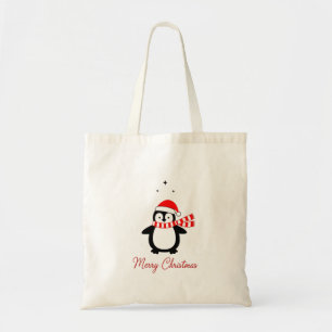 Bolsa Tote Saca de Natal de Pinguim Fofo com Chapéu de Papai 