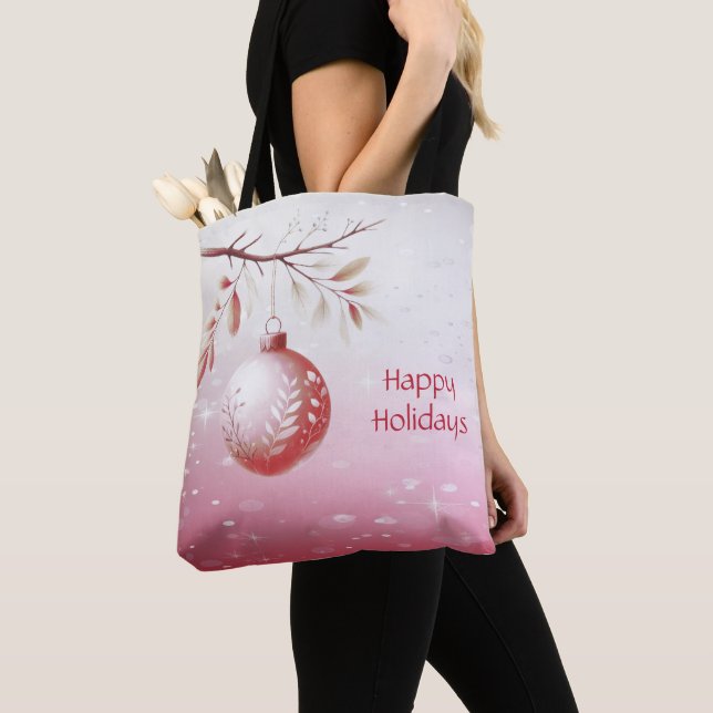 Bolsa Tote Saca de Natal Decorativa Rosa com Bola (Close Up)