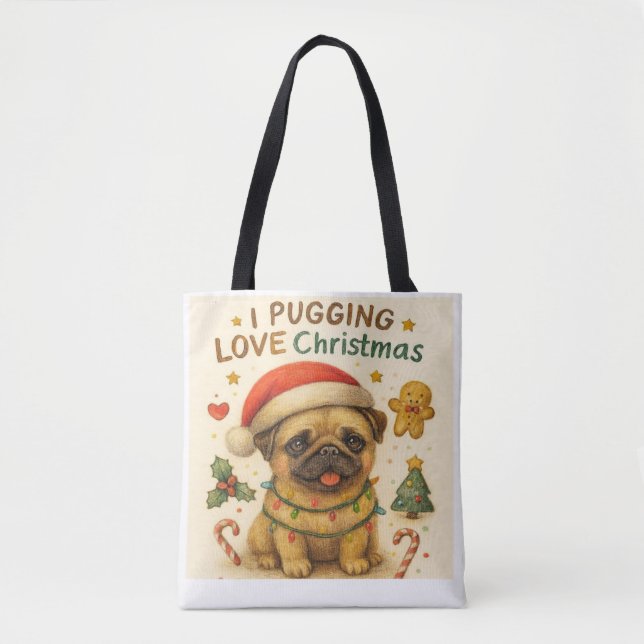 Bolsa Tote Saca de Natal Eu Adoro Pug (Frente)