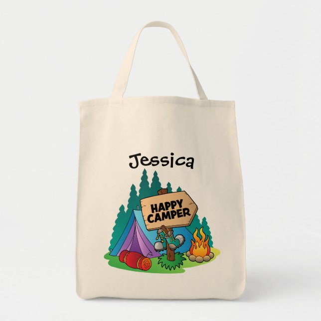 Bolsa Tote Saca de orçamento feliz para acampamento (Frente)