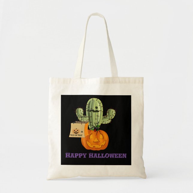 Bolsa Tote Saca de Truque ou Tratamento de Cacto de Halloween (Frente)