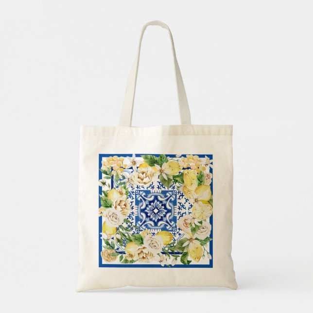 Bolsa Tote Saca do Mediterrâneo com Azulejos de Limão | Azul  (Verso)