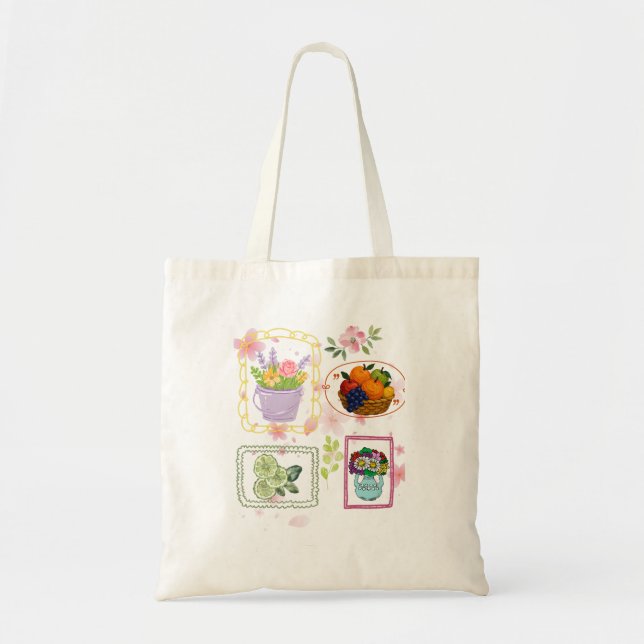 Bolsa Tote Saca Ilustração de Frutas Florais |  (Frente)