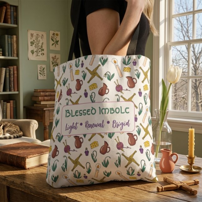 Bolsa Tote Saca Imbolc com Padrão Sazonal Pagão e Brigid (Criador carregado)