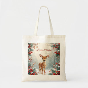 Bolsa Tote Saca Tote de Cerva Fofa numa Floresta Nevada