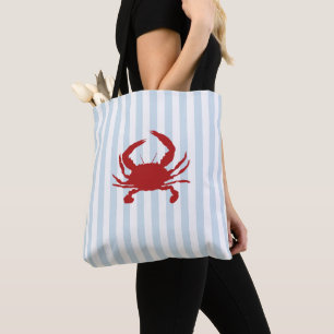 Bolsa Tote Sacarola Azul Listra Náutica Caranguejo Vermelho V