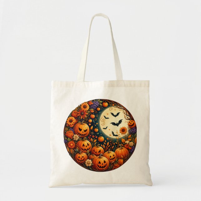 Bolsa Tote Sacas de Algodão de Halloween, Lua & Morcegos (Frente)